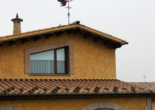 Detall teulat amb sageta i xemeneia pedra